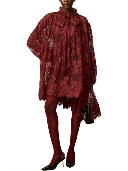 Lace Oversize Dress with Neck-Tie in Red - Dresses