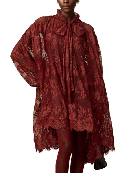 Lace Oversize Dress with Neck-Tie in Red - Dresses