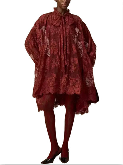 Lace Oversize Dress with Neck-Tie in Red - Dresses