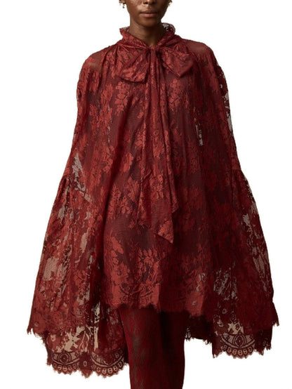Lace Oversize Dress with Neck-Tie in Red - Dresses