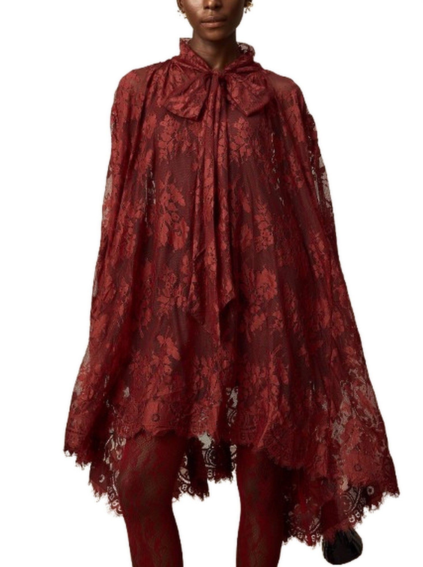 Lace Oversize Dress with Neck-Tie in Red - Dresses