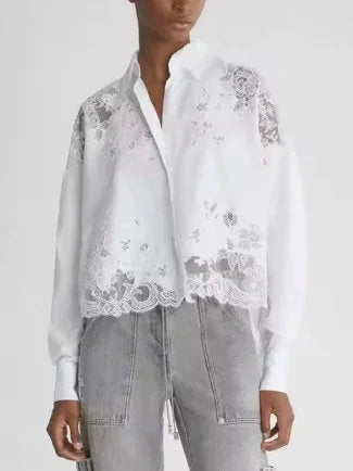 White lace-trimmed blouse, part of the Lace Paneled Cropped White Cotton Shirt collection