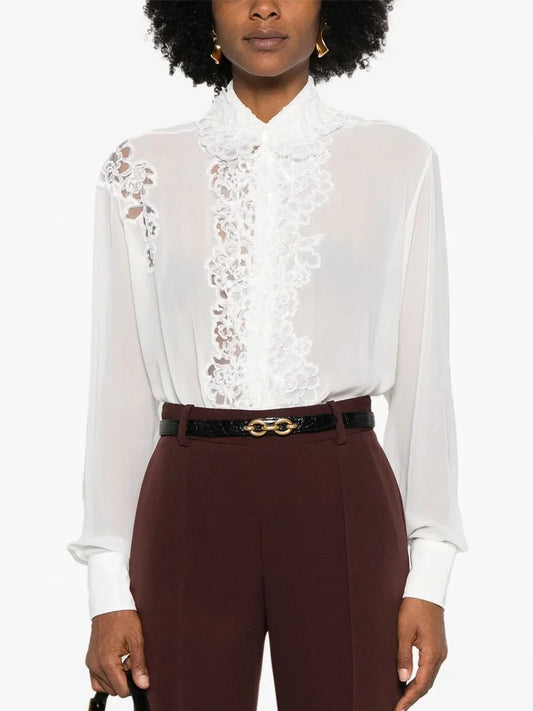 Lace Paneled Silk White Shirt styled with maroon pants for a chic look