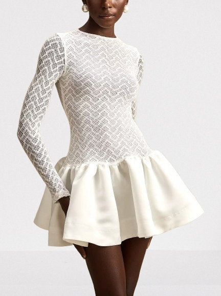 Lace-Paneled White flared Mini Skater Dress - Dresses