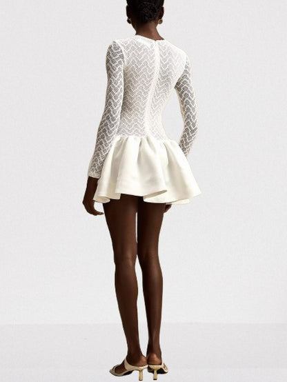 Lace-Paneled White flared Mini Skater Dress - Dresses