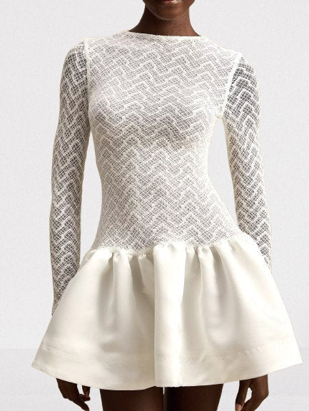 Lace-Paneled White flared Mini Skater Dress - Dresses
