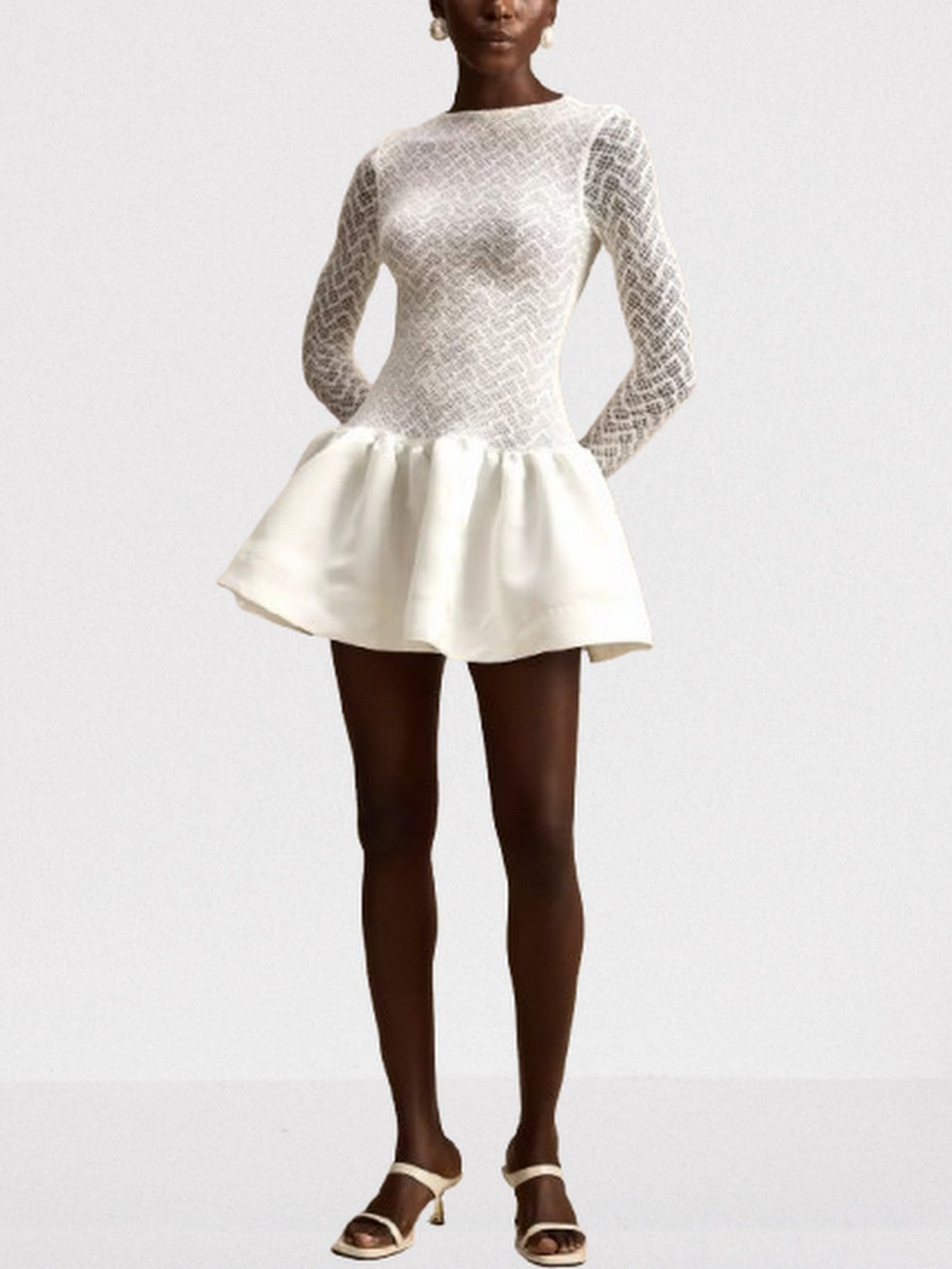 Lace-Paneled White flared Mini Skater Dress - Dresses