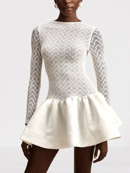 Lace-Paneled White flared Mini Skater Dress - Dresses