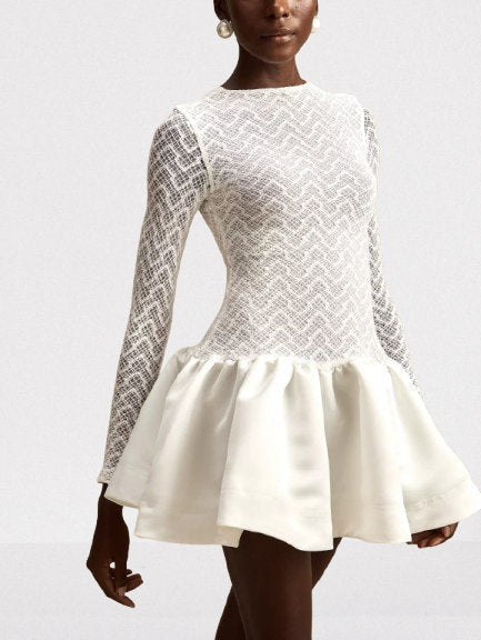 Lace-Paneled White flared Mini Skater Dress - Dresses