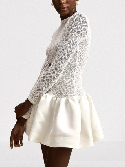 Lace-Paneled White flared Mini Skater Dress - Dresses