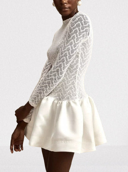 Lace-Paneled White flared Mini Skater Dress - Dresses