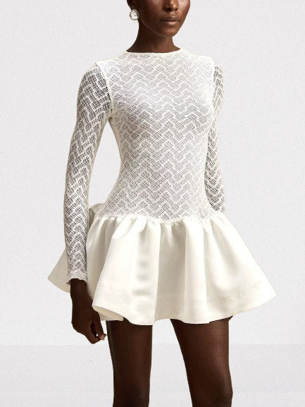 Lace-Paneled White flared Mini Skater Dress - Dresses