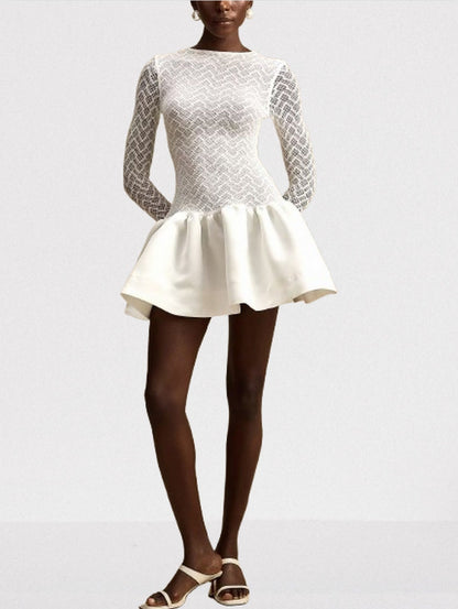 Lace-Paneled White flared Mini Skater Dress - Dresses