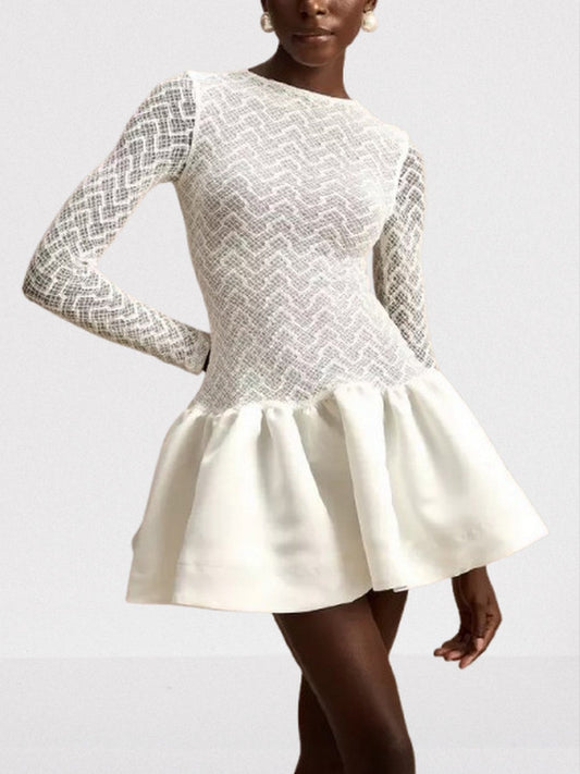 Lace-Paneled White flared Mini Skater Dress - Dresses