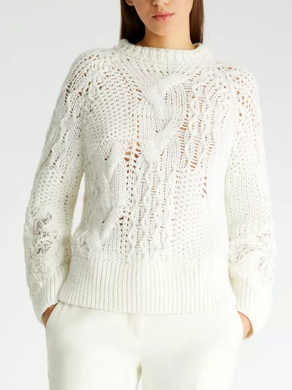 Lace-Patch Woven Wool-Blend Sweater - Sweaters & Knitwear