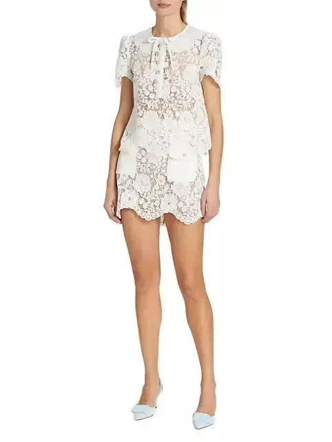 Lace Short Sleeve Top and Skirt Set in White - Suits & Sets