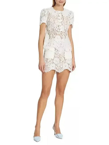 Lace Short Sleeve Top and Skirt Set in White - Suits & Sets