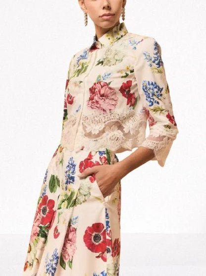Lace-Trim Floral Cropped Shirt and Bermuda Short Set - Suits & Sets