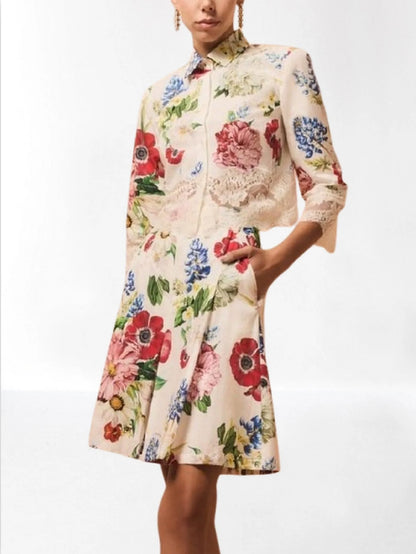Lace-Trim Floral Cropped Shirt and Bermuda Short Set - Suits & Sets