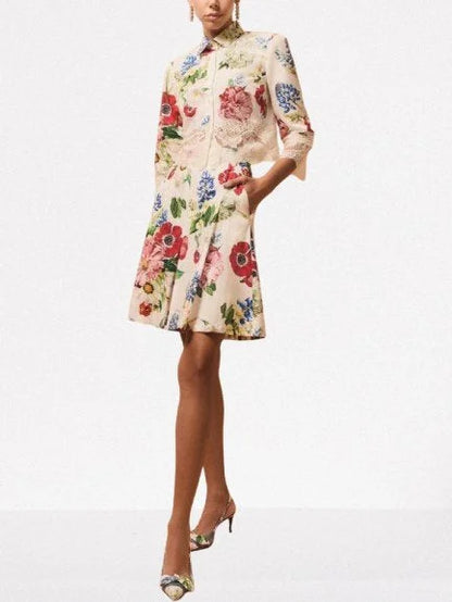 Lace-Trim Floral Cropped Shirt and Bermuda Short Set - Suits & Sets
