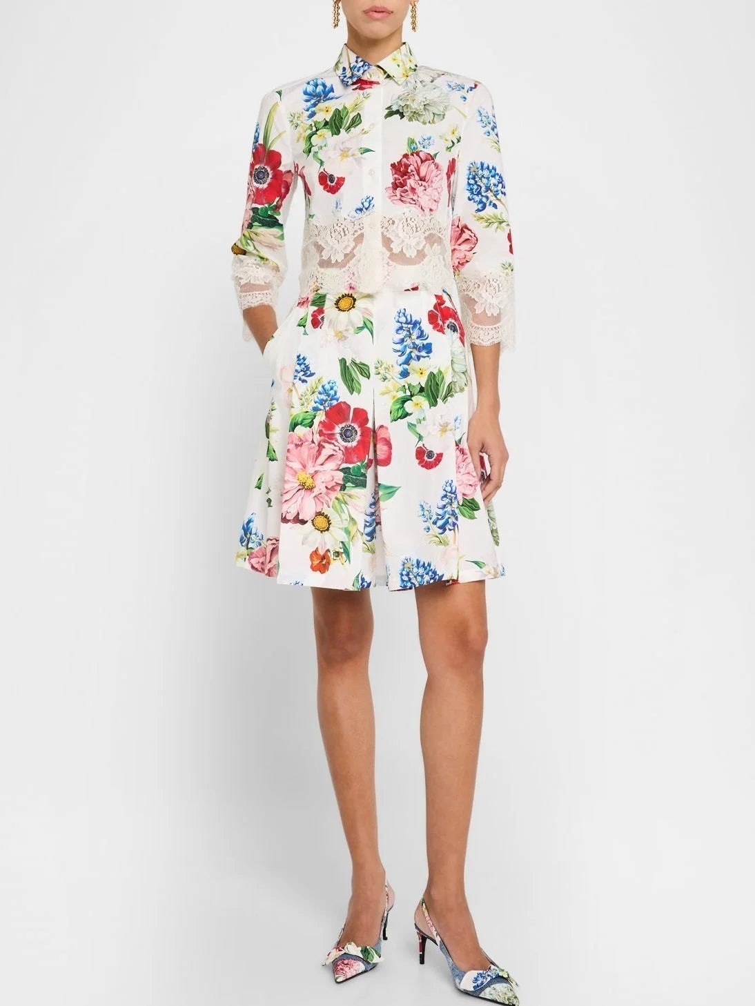 Lace-Trim Floral Cropped Shirt and Bermuda Short Set - Suits & Sets