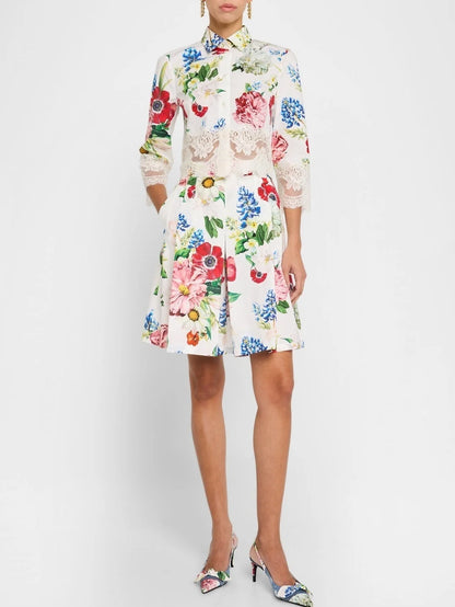Lace-Trim Floral Cropped Shirt and Bermuda Short Set - Suits & Sets