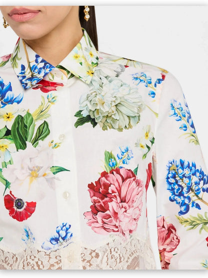 Lace-Trim Floral Cropped Shirt and Bermuda Short Set - Suits & Sets