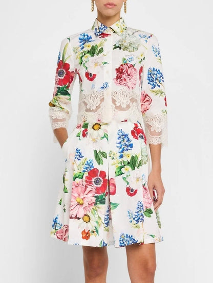 Lace-Trim Floral Cropped Shirt and Bermuda Short Set - Suits & Sets