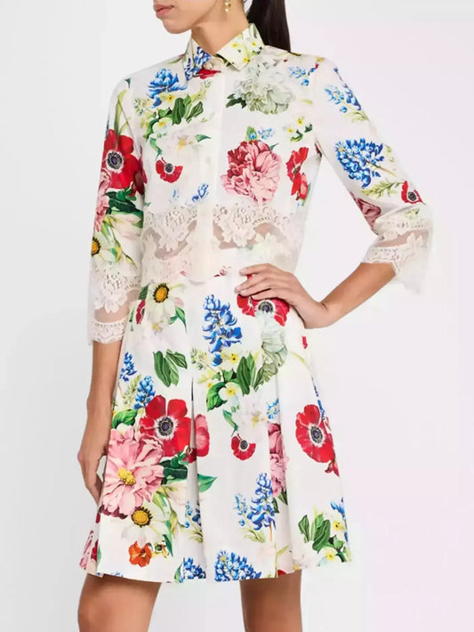 Lace-Trim Floral Cropped Shirt and Bermuda Short Set - Suits & Sets