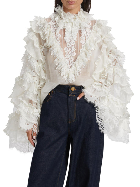 Lace-Trim Ruffled Blouse - Tops