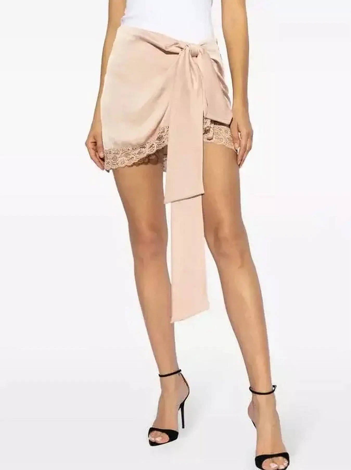 Lace-Trim Wrap Mini Skirt in Nude - Skirts