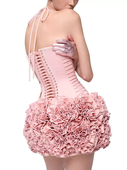 Lace-Up Bustier Pink Corset Top with Ruffled Mini Skirt - Suits & Sets