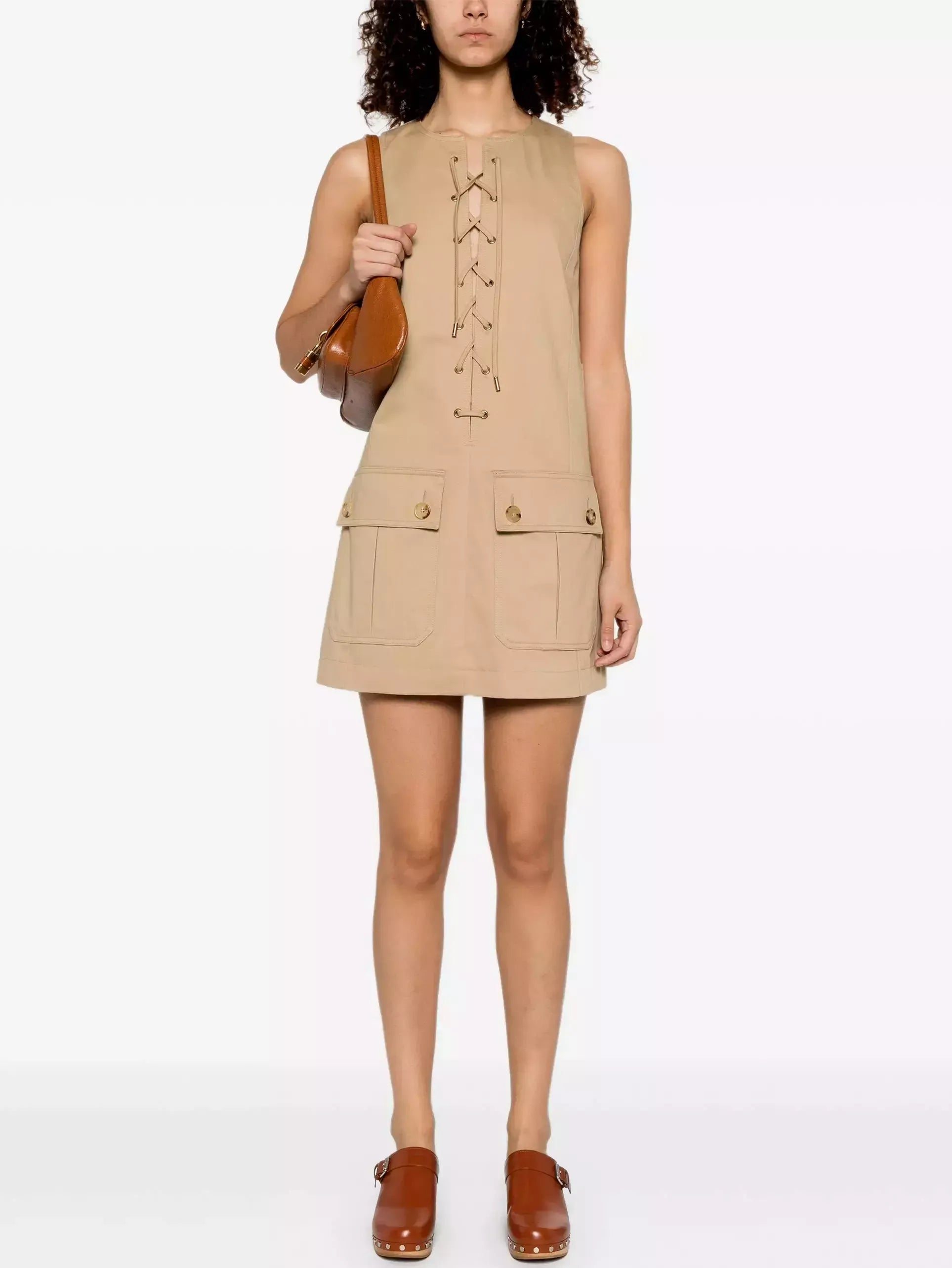 Lace-Up Cotton Mini Dress in Beige - Dresses