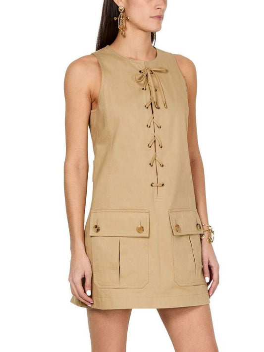Lace-Up Cotton Mini Dress in Beige - Dresses