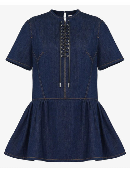 Lace-Up Detail Mini Dress in Denim - Dresses