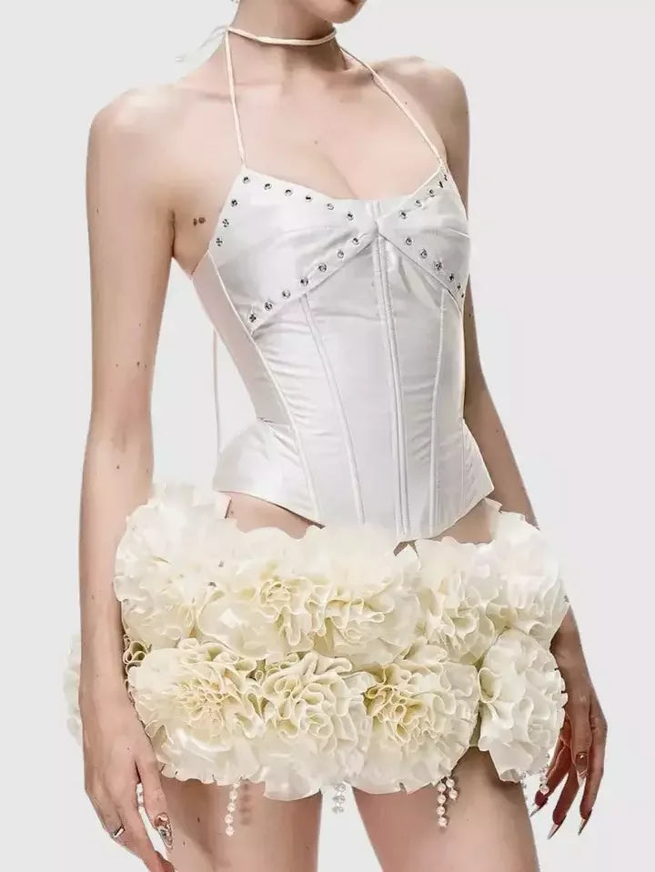Lace-Up Halter Corset Top with Ruffled Mini Skirt - Suits & Sets