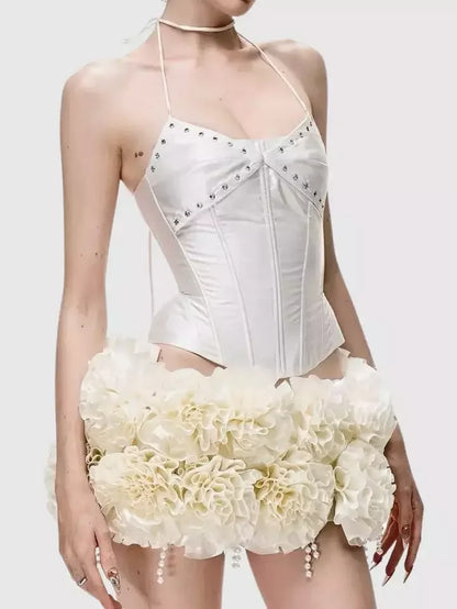Lace-Up Halter Corset Top with Ruffled Mini Skirt - Suits & Sets