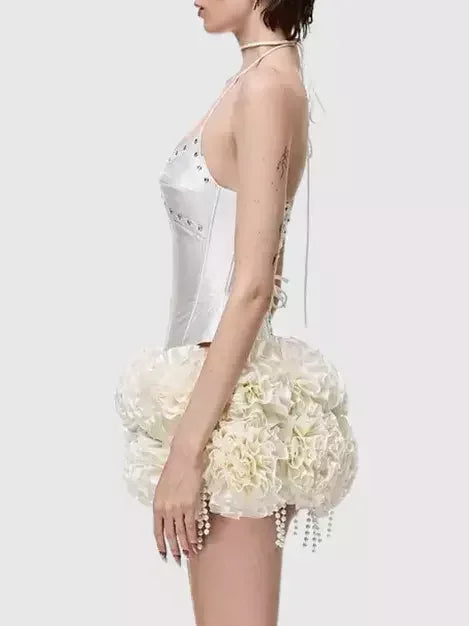 Lace-Up Halter Corset Top with Ruffled Mini Skirt - Suits & Sets