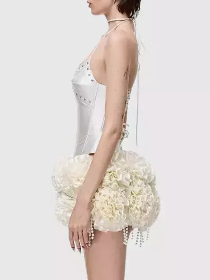 Lace-Up Halter Corset Top with Ruffled Mini Skirt - Suits & Sets