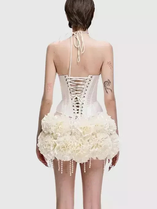 Lace-Up Halter Corset Top with Ruffled Mini Skirt - Suits & Sets