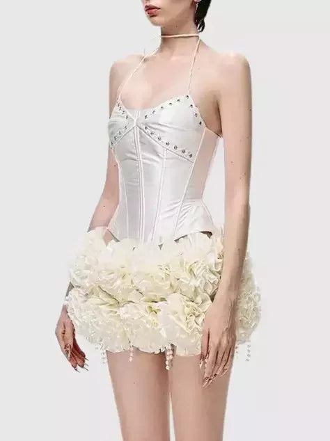 Lace-Up Halter Corset Top with Ruffled Mini Skirt - Suits & Sets