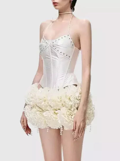Lace-Up Halter Corset Top with Ruffled Mini Skirt - Suits & Sets