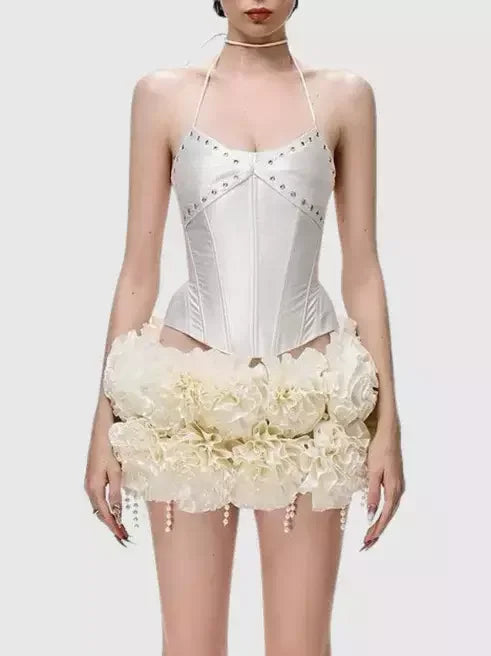 Lace-Up Halter Corset Top with Ruffled Mini Skirt - Suits & Sets