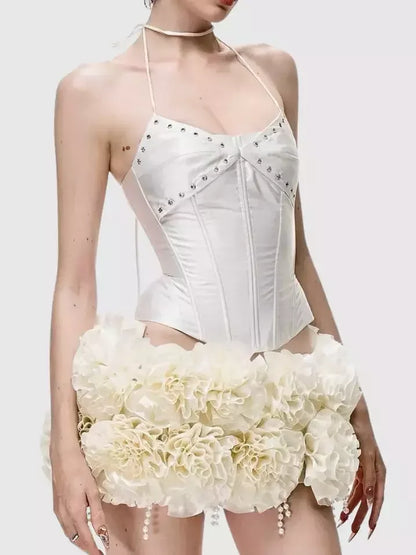 Lace-Up Halter Corset Top with Ruffled Mini Skirt - XS - Suits & Sets