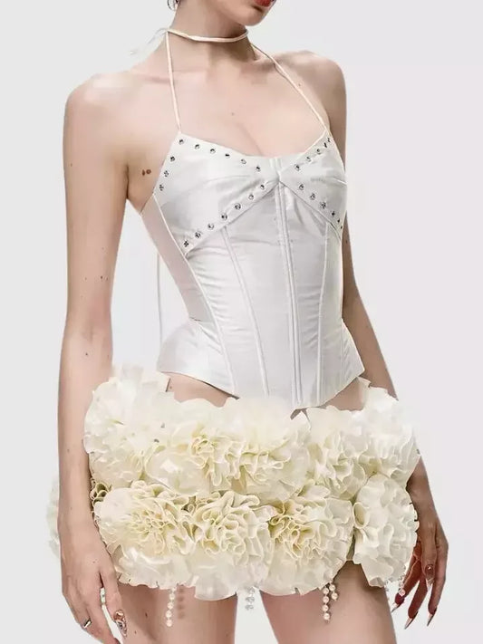 Lace-Up Halter Corset Top with Ruffled Mini Skirt - XS - Suits & Sets