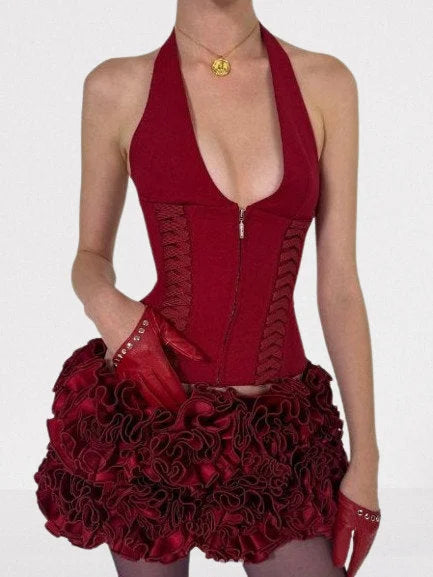 Lace-Up Red Halter Corset Top and Ruffle Skirt Set - Small - Suits & Sets