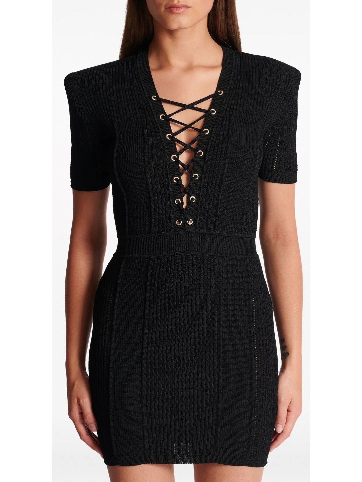 Lace-Up Ribbed Knit Black Mini Dress - Dresses