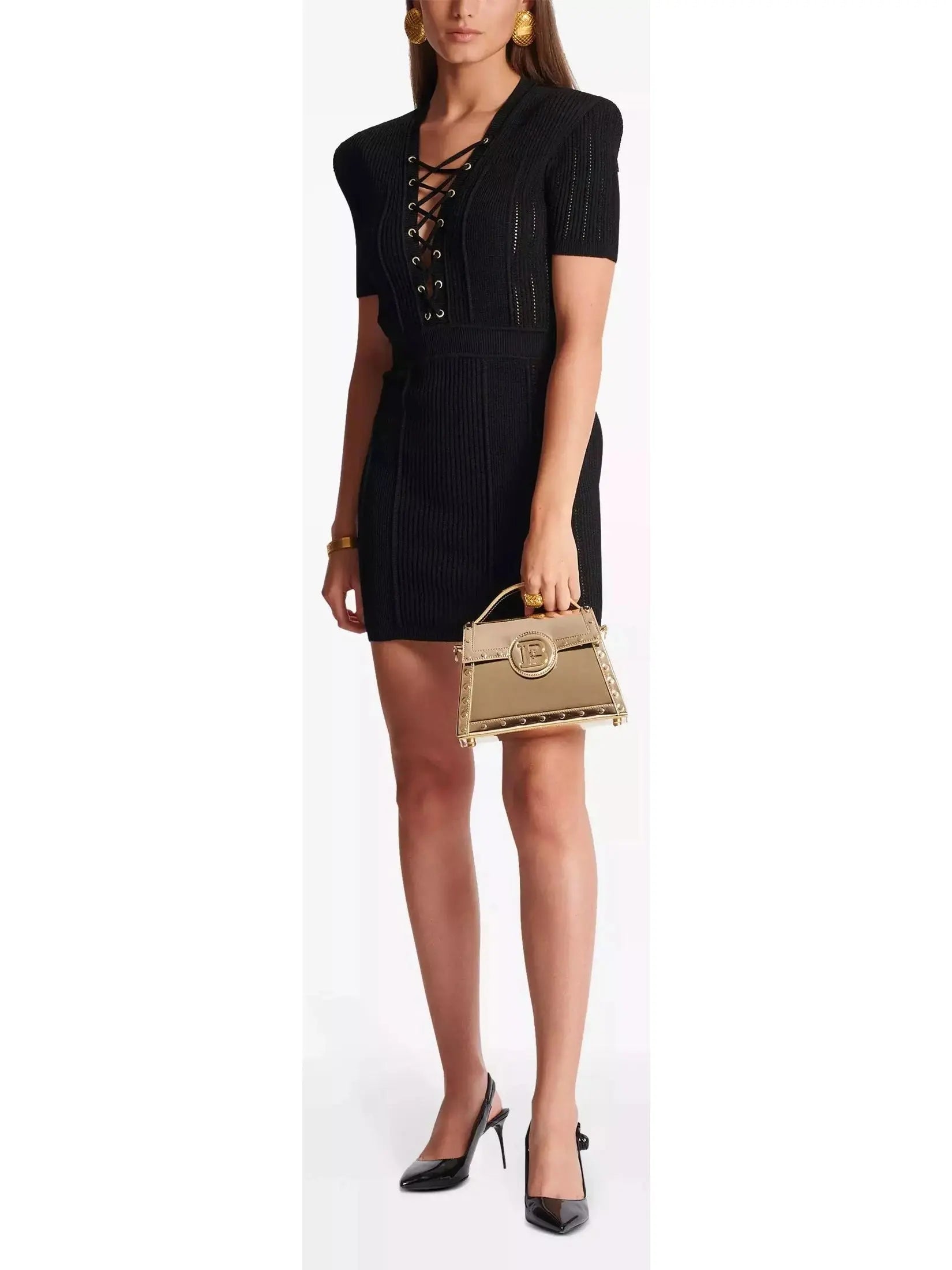 Lace-Up Ribbed Knit Black Mini Dress - Dresses