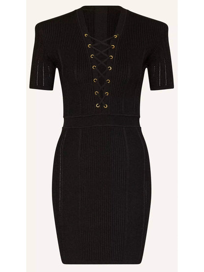 Lace-Up Ribbed Knit Black Mini Dress - Dresses