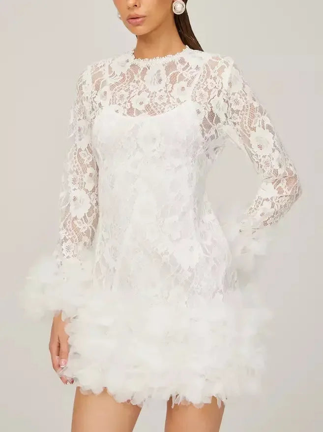 Lace with Petal-Tulle Detail Mini Dress - Dresses